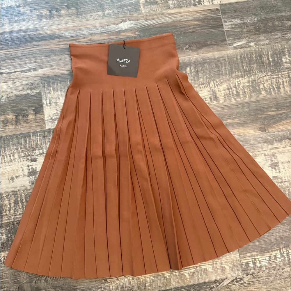NWT ALEEZA PARIS Elegant Brown Pleated Skirt - Picture 4 of 5